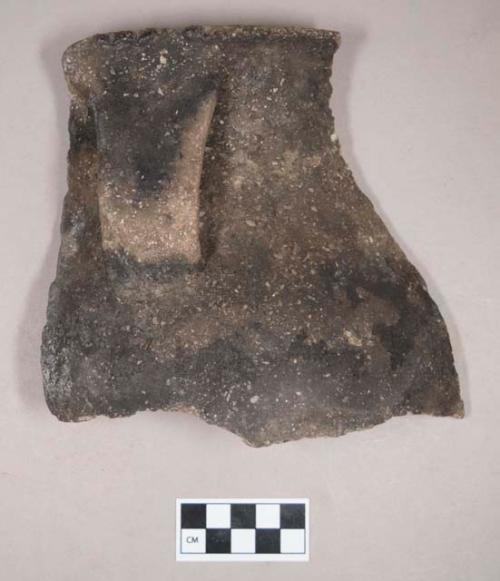 Ceramic, earthenware rim and handle sherd, incised rim over handle, undecorated body, perforated near handle, shell-tempered