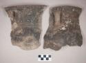 Ceramic, earthenware rim and handle sherds, incised rim above handles, undecorated body, shell-tempered; two sherds crossmend
