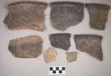 Ceramic, earthenware rim and body sherds, some with incised rim, incised, punctate, and cord-impressed body, shell-tempered; three rim sherds crossmend; one rim sherd and one body sherd crossmend; ceramic, earthenware rim sherd, incised rim, punctate body, possible miniature vessel