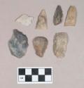 Chipped stone, scrapers, one notched; chipped stone, projectile points, triangular; chipped stone, biface fragment, notched