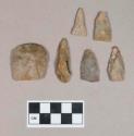 Chipped stone, scrapers; chipped stone, projectile points, stemmed and triangular; chipped stone, biface fragment