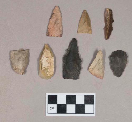 Chipped stone, scrapers; chipped stone, projectile points, triangular; chipped stone, prismatic blade; chipped stone, perforator