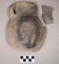 Ceramic, earthenware partial vessel and body sherd, one complete handle, one missing handle, undecorated, shell-tempered