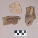 Ceramic, earthenware body, rim, and handle sherds, one with cord-impressed body, one with incised rim, one with punctate shoulder and undecorated body, shell-tempered