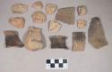Ceramic, earthenware body, rim, and handle sherds, one with incised rim, some cord-impressed, some punctate, one cord-impressed and punctate, some undecorated, some shell-tempered, some grit-tempered; some may be from miniature vessels; two rim sherds and one body sherd crossmend; two body sherds crossmend