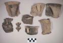 Ceramic, earthenware body, rim, and handle sherds, some undecorated, some incised, some cord-impressed, some punctate, some with multiple decorations, some with incised rims, some with decorated handles, some with lizard effigy decorations and handles, shell-tempered