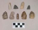 Chipped stone, biface fragments; flake, with cortex; projectile points, triangular and lanceolate, some possible preforms