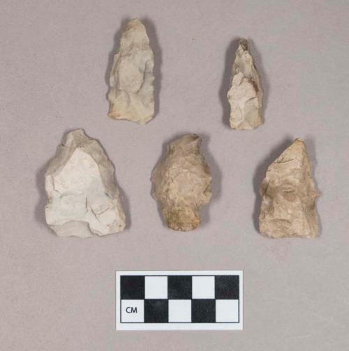 Chipped stone, projectile points, triangular, possible preforms, some with cortex; scraper; biface fragment, stemmed