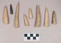 Worked antler tine tip fragments, hollowed at one end; worked animal bone awl tip fragment, burned