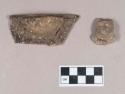Ceramic, earthenware effigy fragment, possible animal head, shell-tempered; earthenware rim and handle sherd, incised, shell-tempered