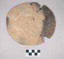 Ceramic, earthenware disk, cord-impressed, shell-tempered; four sherds crossmended with glue