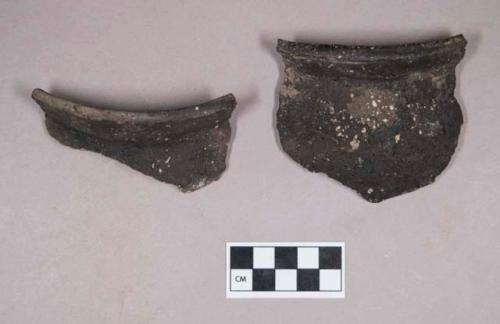 Ceramic, earthenware rim sherds, undecorated, shell-tempered, burned exterior