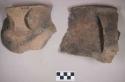 Ceramic, earthenware rim and handle sherds, flared rim, one with incised rim, cord-impressed body, one with one perforation and one partial perforation, shell-tempered