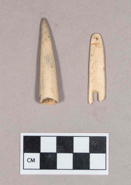 Worked antler tine fragment, drilled and hollowed at one end, worked to a point; worked animal bone object fragment, flat, one end rounded, perforated at one end, incised on one side