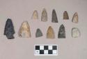 Chipped stone, scraper; projectile points, triangular, lanceolate, and side-notched; biface fragments
