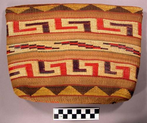 Bag, basketry, woven grass, polychrome geometric design, rectangular