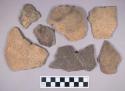 Ceramic, earthenware, body, rim, and base sherds with impressed and incised decoration, some sherds are mended