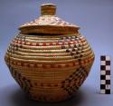 Coiled basket lid (B); geometric motif