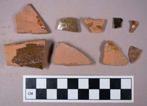 Ceramic, redware, var. lead glazes (manganese mottled, brown, black), one Staffordshire-type slipware, body sherds and one rim sherd