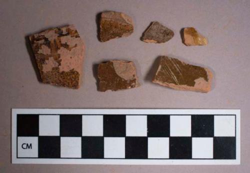 Ceramic, redware, var. lead glaze (brown, manganese mottled), body sherds