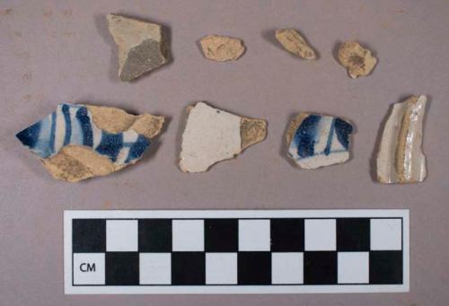 Ceramic, earthenware, blue and white tin glaze, body and foot ring sherds