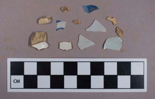 Ceramic, earthenware, white and blue tin glazed, body sherds