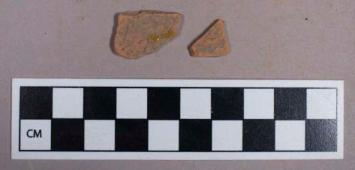 Ceramic, redware, brown lead glaze, slip decorated, body sherds