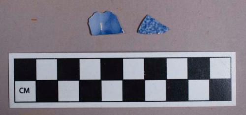 Ceramic, whiteware, blue sponge decorated, body sherd; Ceramic, pearlware, blue transfer print, body sherd