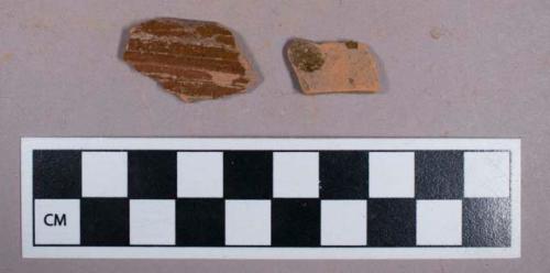 Ceramic, redware, brown lead glaze, body and rim sherds