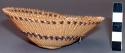 Small conical basket, twined. natural with two brown and light tan design bands