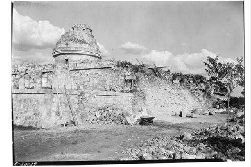 Caracol. Base of lower platform, SW. corner, excavation preceding repair.