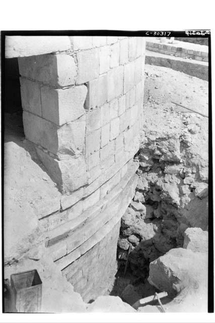 Caracol, showing cornice of earliest buried substructure including eastern doorw