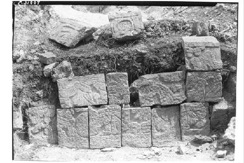 Red House, Ball Court, detail of sculptured panel on base of inside wall.