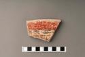 Coarse sherds, mostly slipped orange or red.  Some polychrome; rims and bases.