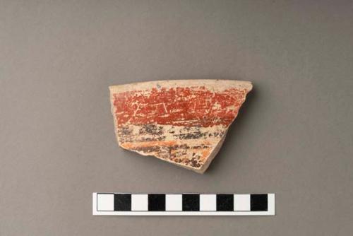 Coarse sherds, mostly slipped orange or red.  Some polychrome; rims and bases.