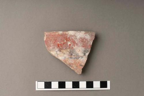 Coarse sherds, mostly slipped orange or red.  Some polychrome; rims and bases.