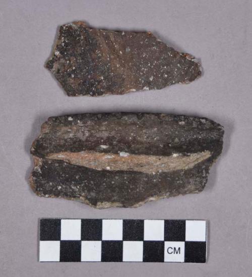 Ceramic, earthenware rim and body sherds, shell-tempered, incised rim decoration, fragmented handles