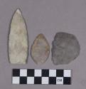 Chipped stone, one uniface edged tool and projectile points, lanceolate, asymetrical, and leaf shaped