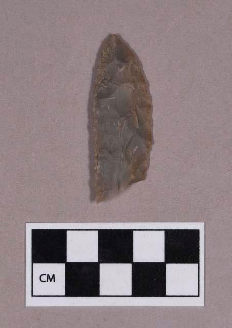 Chipped stone, edged tool fragment, asymmetrical blade, one side convex, one side beveled