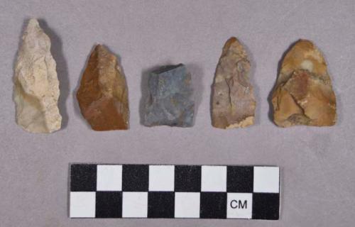 Chipped stone, triangular biface and projectile points, one bifacial fragment