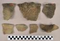 Ceramic, earthenware rim sherds, shell tempered, various incised designs, one sherd undecorated, two with lugs