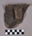 Ceramic, earthenware rim sherd, shell-tempered, notched rim, undecorated body, strap handle