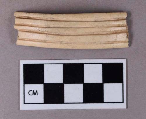 Organic, utilized bone fragment, curved with incised vertical bands