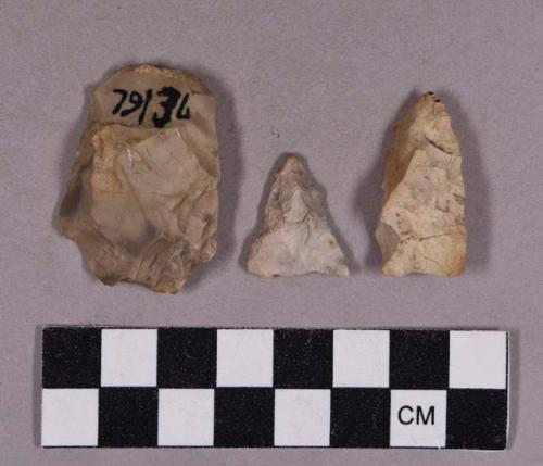 Chipped stone, triangular biface, triangular projectile point, and scraper