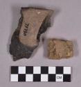 Ceramic, earthenware rim sherds, undecorated, one shell-tempered with strap handle