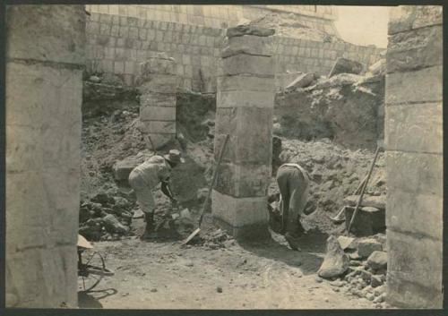 Temple of Warriors, Northwest Colonnade during excavation