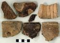 Ceramic, earthenware rim sherds and one body sherd, incised, one incised and punctate, shell-tempered; one with handle attachment; body and one rim sherd crossmend
