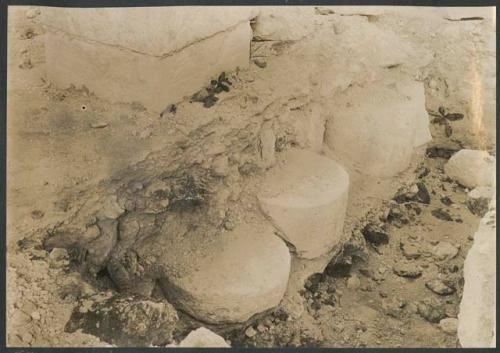 Temple of Warriors, sections of round columns beneath final floor level