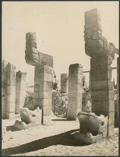 Temple of Warriors, front, showing serpent columns restored