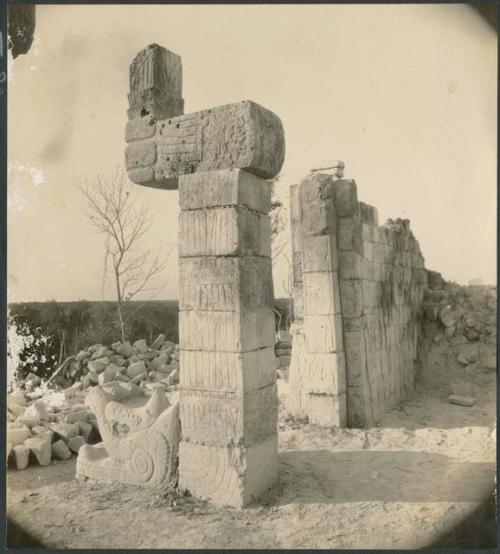 Temple of Warriors, showing serpent columns restored, from back
